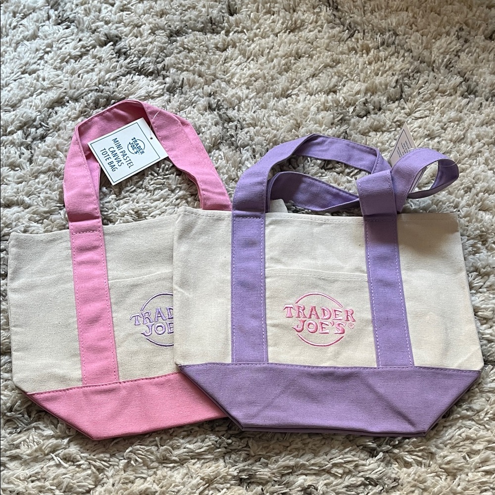 NWT-Trader Joe’s mini canvas totes. Pastel. Pink. Purple. Set of two. New.